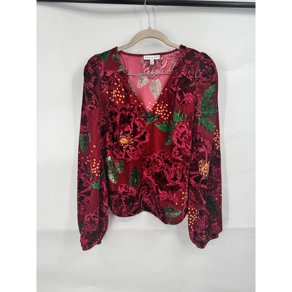 Maison d'Amelie Velour Floral Long Sleeve Blouse Women S Red Puff Shoulder
